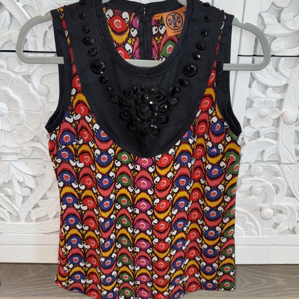 Tory‎ Burch Women's Multi-Color Print Beaded Top Size 2 Sleeveless Zip 100% Silk